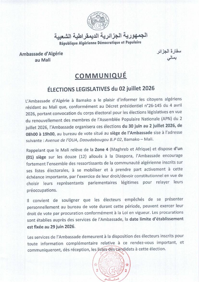 Élection législative 2026 : ouverture du bureau de vote à l'ambassade d'Algérie à Bamako.